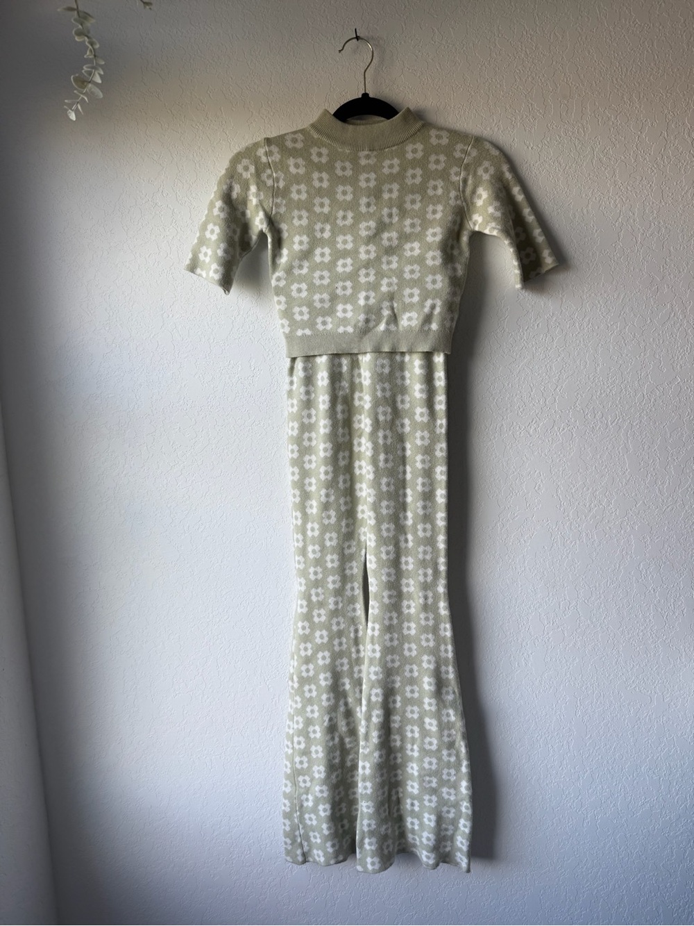 Floral Knit Two-Piece Jumpsuit Set in Sage Green